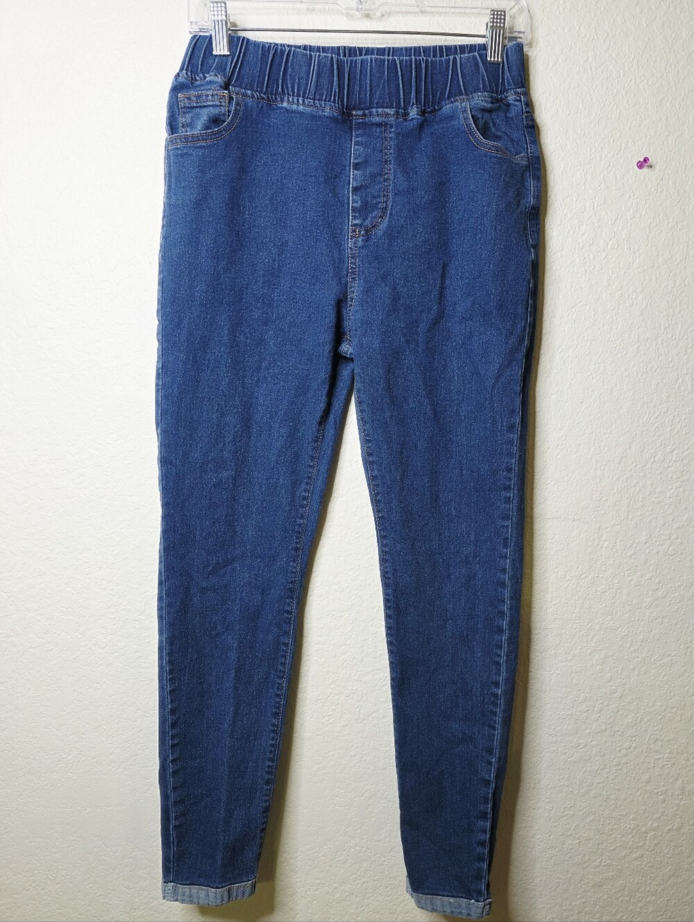 Women's Large Mid-Rise Elastic Waist Dark Blue Denim Stretch Jeans